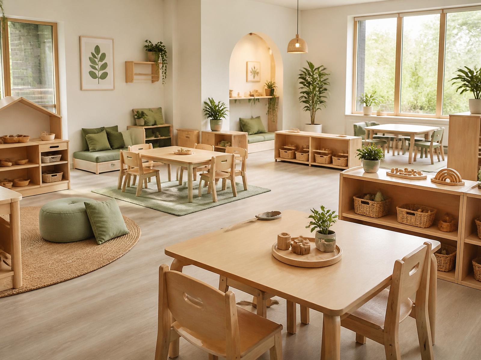 Lys, moderne institutionsindretning med træmøbler og sage-grønne detaljer